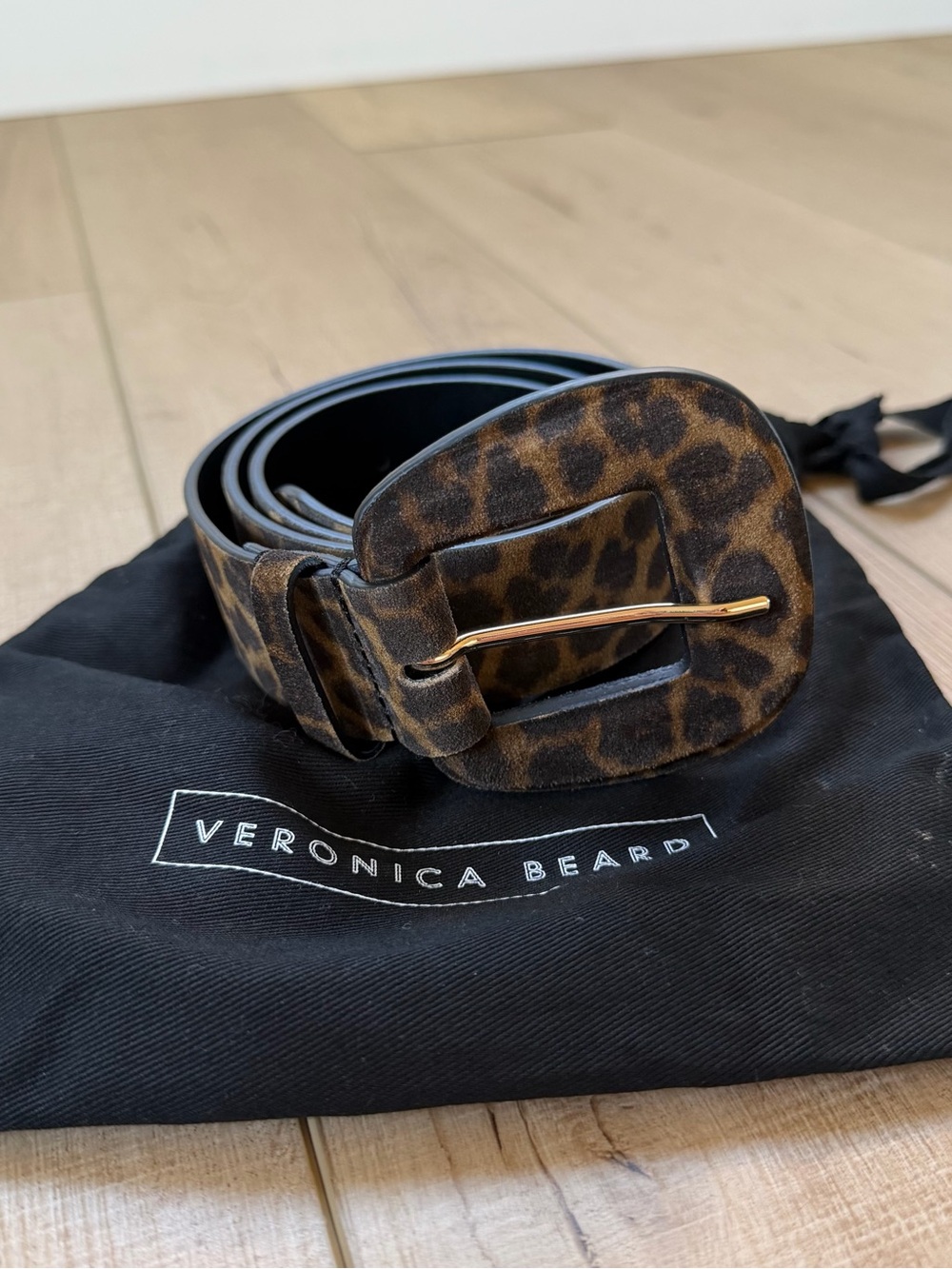 Veronica Beard Black Leather Belt with Gold Lettering